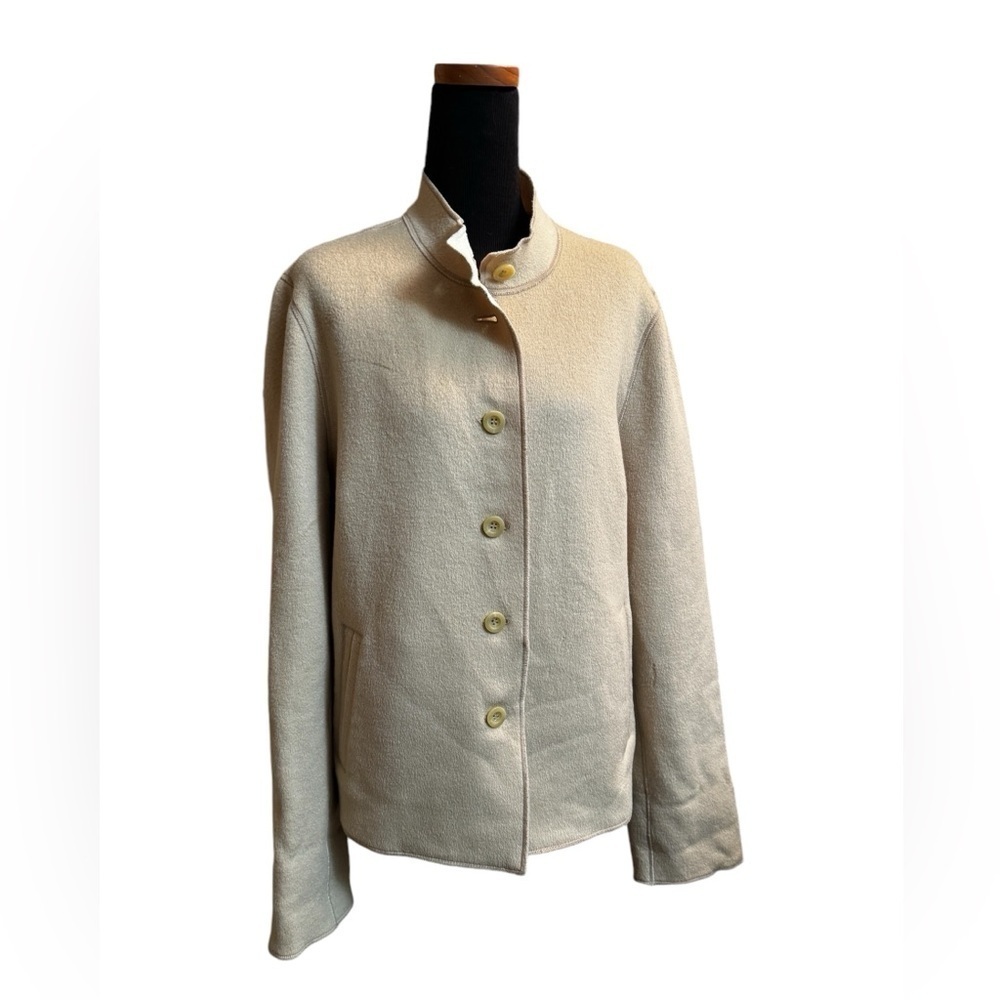VINTAGE WOOL SIGRID OLSEN Women's Mock Turtleneck Jacket Tan Button Pockets SZ L